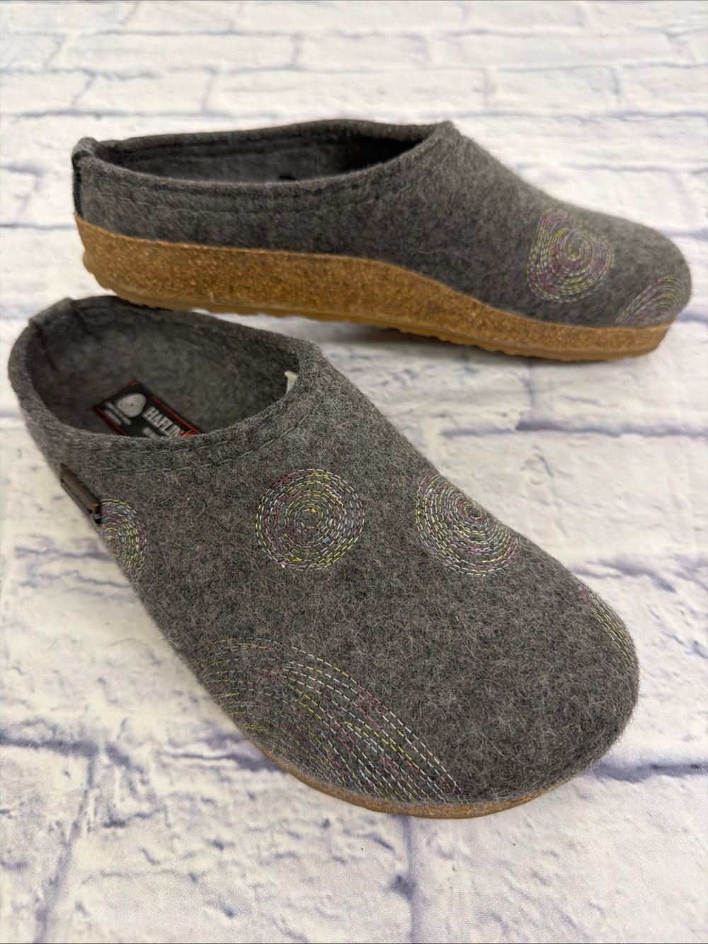 Haflinger Gray Felt Slide Clogs with Cork-Look Sole